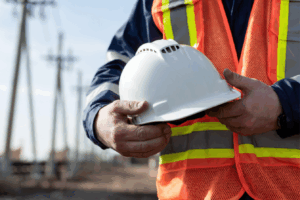 construction worker holding hard hat