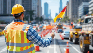 A Certified Flagger Stands at a Flagger Station in a Work Zone
