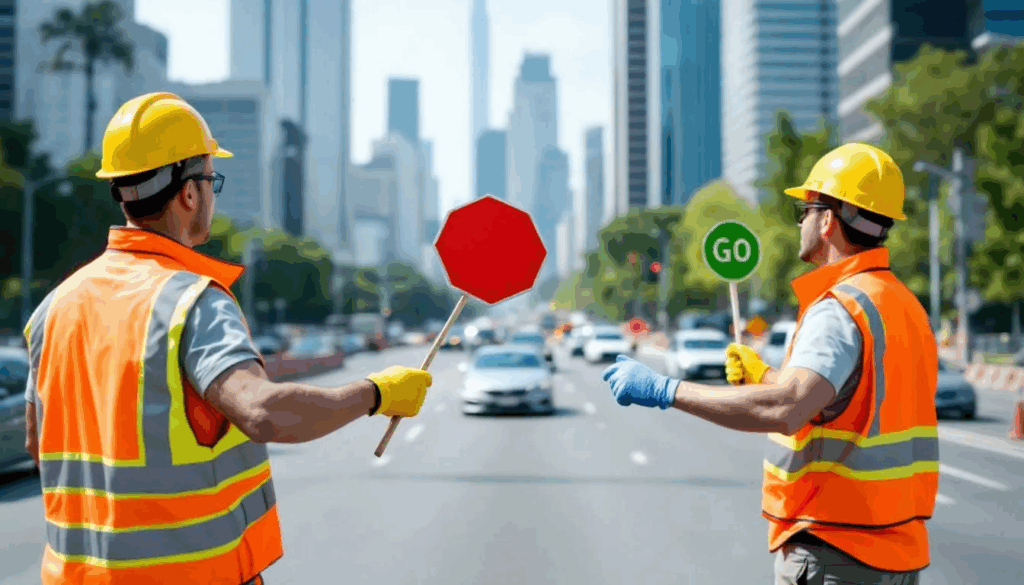 Certified Flaggers are Positioned at a Work Zone