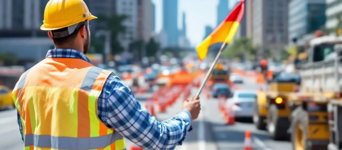 A Certified Flagger Stands at a Flagger Station in a Work Zone