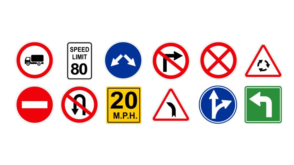 different traffic signs with a white background